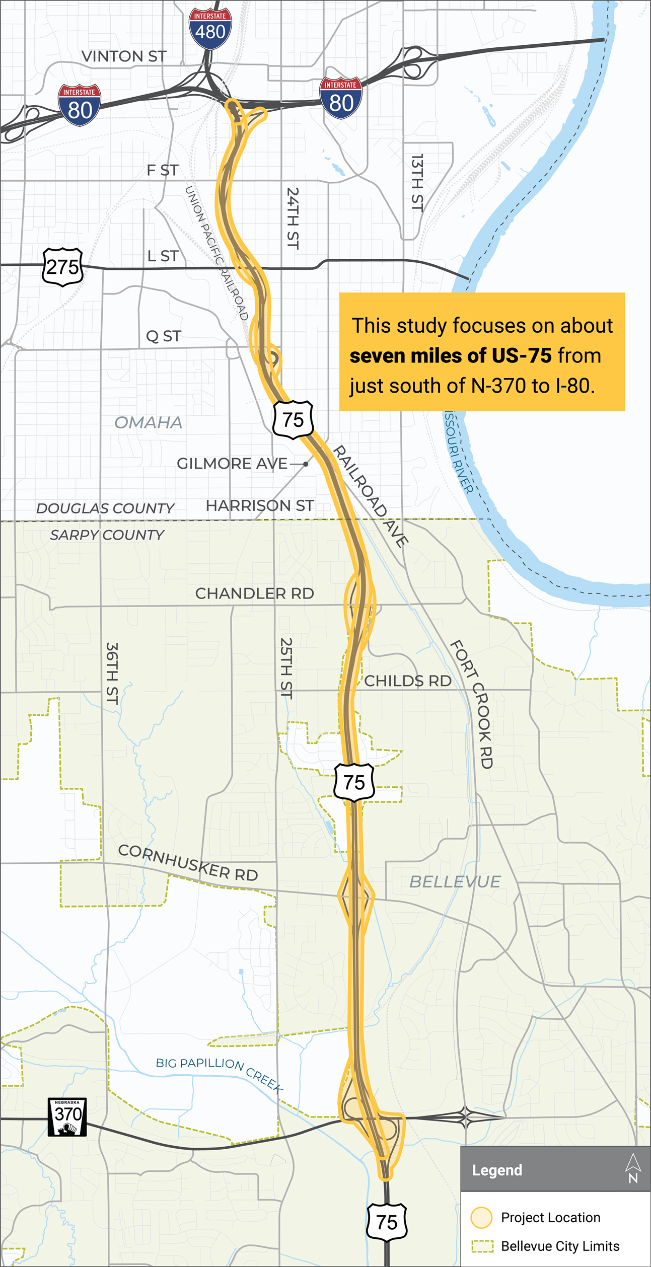 Map of the study area in Omaha and Bellevue, Nebraska showing a highlighted seven-mile segment of US 75, running north-south from just south of N 370 to Interstate 80 and Bellevue’s city limits. Major roads, including I 80 and I 480, and the Missouri River are shown for context, with a callout noting the study area.