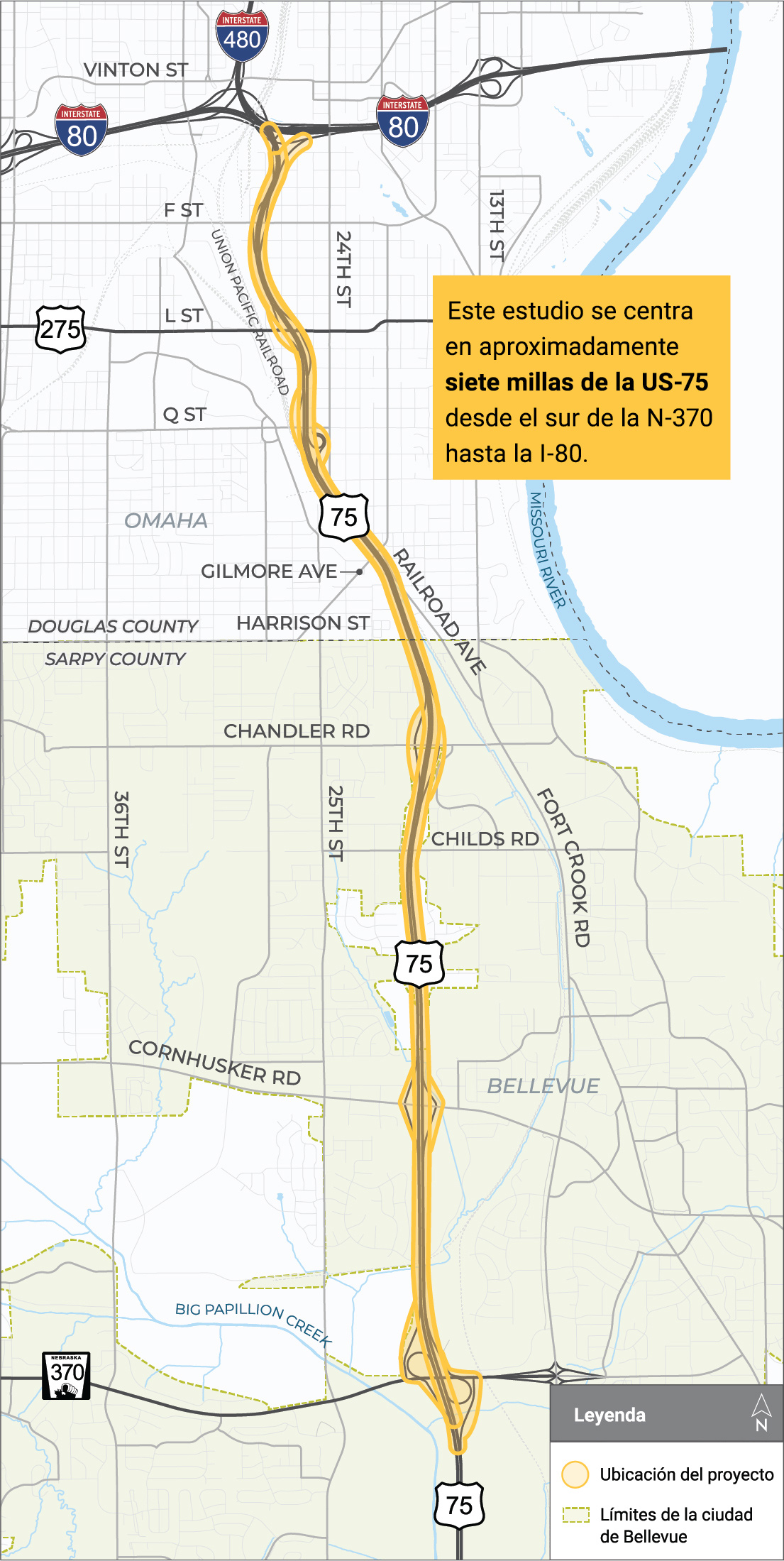 Mapa del área de estudio en Omaha y Bellevue, Nebraska, mostrando un segmento de siete millas de la US 75 resaltado, que va de norte a sur desde justo al sur de la N 370 hasta la Interestatal 80 y los límites de la ciudad de Bellevue. Se muestran las principales carreteras, incluyendo la I 80 y la I 480, y el río Missouri para contexto, con un recuadro señalando el área de estudio.